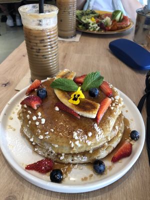 Vegan pancakes and oat milk iced latte  at Brunchit  in Mallorca