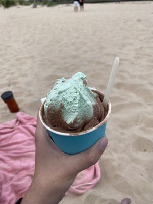 I may have been too impatient to take a photo first 🤣 Chocolate & mint.  at Rizza's in Lossiemouth