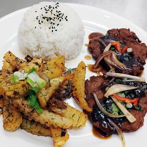 Vegan Black Pepper Steak Meal at Loving Hut in Douala