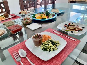 Scrambled Chaya with Tofu, pancakes. at The Vegan Personal Chef in Tulum