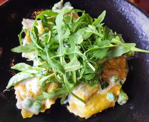 Wild mushroom and onion ravioli with creamy spinach sauce   at The Old Dunnings Mill in East Grinstead