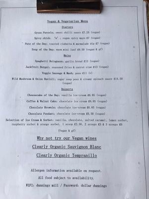 Today’s vegetarian/vegan menu  at The Old Dunnings Mill in East Grinstead