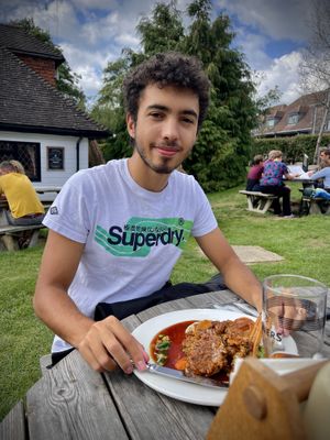 My son about to dig in.   at The Old Dunnings Mill in East Grinstead