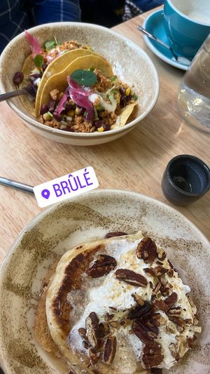 Tacos and pancakes with toasted pecans, maple syrup and chantilly . All delightful .   at BRÛLÉ in Toulouse