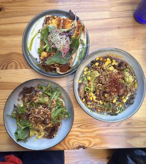top = enchiladas; right = tahini ramen; left = savory pancakes  at BRÛLÉ in Toulouse