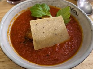Tomato soup with croutons and truffle cheese at BRÛLÉ in Toulouse