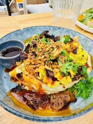 Savory pancakes with maple syrup   at BRÛLÉ in Toulouse