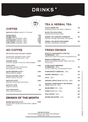 Drinks Menu  at BRÛLÉ in Toulouse