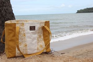 Organic cotton Tote Bag in stunning Mustard and Natural colours. These are happy colours to lift any mood at Karuna Dawn in Melbourne