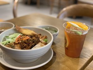 Vegan Dry noodles and peach ice tea (really sweet!)  at Chay 365  in Ho Chi Minh City