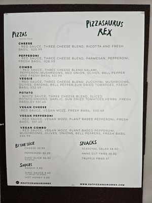 menu as of March 2024 at Pizzasaurus Rex in Sacramento