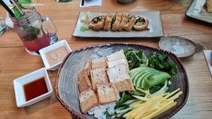 Vegan Sushi Bowl with Sauces and Veggi Tempura Roll at Omachi in Rostock