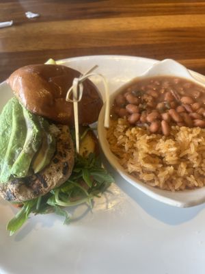 Chick'n avocado plus pinto beans and rice 🤍🌱  at Yard House in Gaithersburg