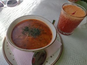Yummy tomato based soup and a fresh Oasis juice at Oasis Vegetariano - Marques de Sa da Bandeira in Lisbon