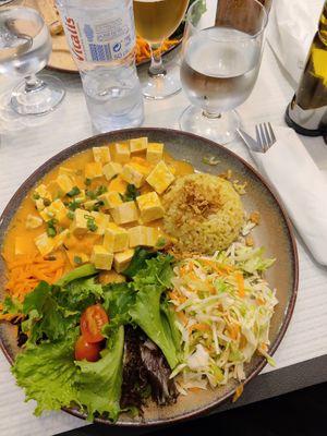 Tofu in a coconut mango sauce. at Oasis Vegetariano - Marques de Sa da Bandeira in Lisbon