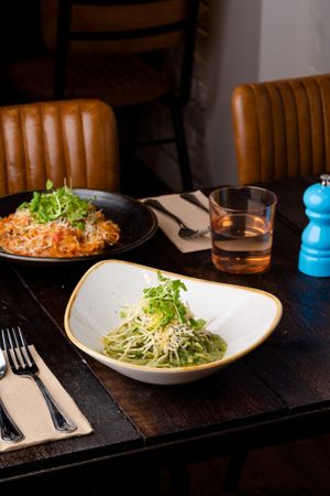 AGLIO OLIO - spinach spaghetti tossed in a garlic, parsley,
chili oil with parmesan - vegan at Punk Pasta in London