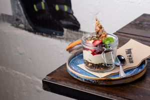 VEGAN HEMP & MASCARPONE CHEESECAKE served with blackberry
coulis and pistachio praline at Punk Pasta in London