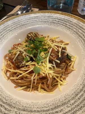 vegan whole wheat spaghetti with meatballs  at Punk Pasta in London