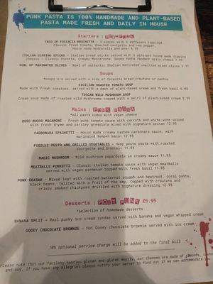 Menu at Punk Pasta in London
