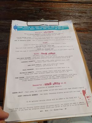 Main menu at Punk Pasta in London