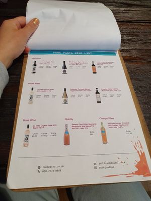 Wine list at Punk Pasta in London