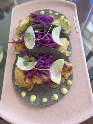 “Shrimp” tacos, with a lovely affirmation slip on the side   at Glück in Oaxaca
