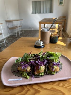 Vegan “shrimp” tacos  at Glück in Oaxaca
