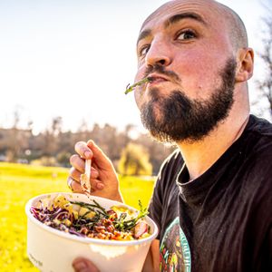 Co-owner George enjoying a bowl on a sunny break. :') at Kanu Poké in Shrewsbury