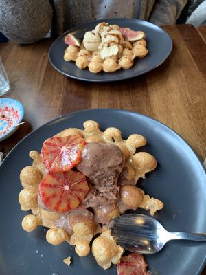 Incredible bubble waffles… Rum & Chocolate Ice-Cream and Cherry Blossom Ice Cream… Yum!  at Kanu Poké in Shrewsbury