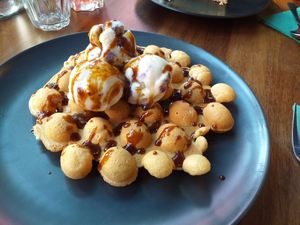 Cherry green tea ice cream. Gluten free waffle. at Kanu Poké in Shrewsbury