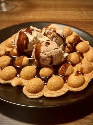 Bubble Waffle with Cocoa Nib Rum Ice-Cream  at Kanu Poké in Shrewsbury