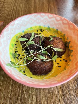 Sesame satay with plaintain ball starter  at Kanu Poké in Shrewsbury