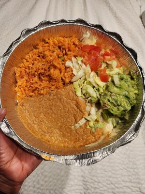 Sides: vegan Spanish rice, beans, lettuce, tomatoes, and guacamole at Poco Loco in Toledo