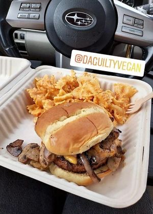 vegan "shroomburger gf" with a beyond patty and vegan mac at Da Guilty Vegan in Cordova