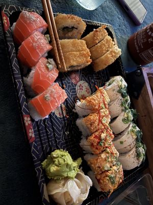Pictured: Eureka! roll, Umami Roll, tiger Roll, Wasabi roll  at Gorilla Eats Sushi in San Diego