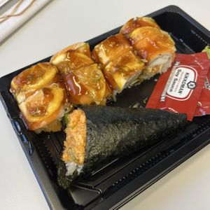 the snorlax roll and the spicy salmon avocado hand roll  at Gorilla Eats Sushi in San Diego