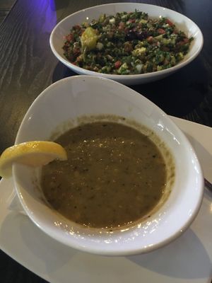 Cup of lentil soup and a "small" Tabbouleh salad which was actually quite large. at Ansari's Mediterranean Grill & Lounge in Eagan