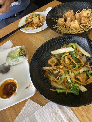 Crispy tofu, stir fried veggies and rice paper rolls  at Rock Pho in South Yarra