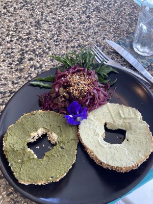 Pesto (with Thai basil) and cream cheese bagel. Nice side salad (not leafy type but pickled cabbage)  at Full-Fill in Koh Lanta