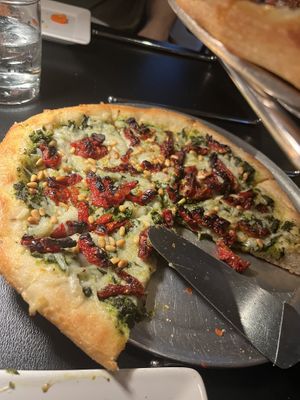 Pesto pizza made vegan w vegan pesto and daiya   at Renee's Organic Oven in Tucson