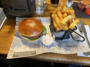 Vegan Breaded Risotto burger with hand ur chips  at The Snakecatcher in Brockenhurst