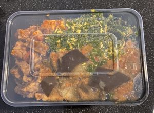 Bami with spicy tahu/tempeh (really spicy 😅), ketjap tempeh, eggplant and kale  at Toko Pedis in Utrecht