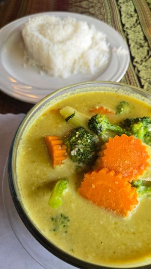 Mild Yellow Curry comes with carrots, potatoes, broccoli and rice on the side - YUM!!! at Andaman Healthy Thai Cuisine in Mount Shasta