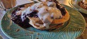 Blueberry compote and coconut yoghurt pancakes at Grind House Bawtry in Doncaster