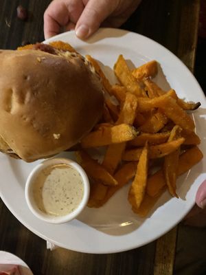 Chicken parm burger with sweet potato fries  at Jordan's Homeside Pub in Hamilton