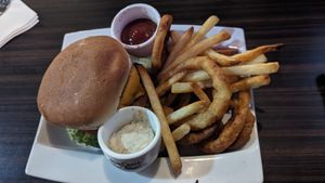 Chicken Burger with Frings (mix of onion rings and fries) at Jordan's Homeside Pub in Hamilton