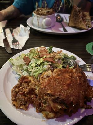 Lasagna and Cesar salad and French onion soup and grilled cheese !   at Jordan's Homeside Pub in Hamilton
