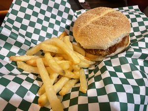 Vegan Chicken Parmesan Sandwich and fries  at Jordan's Homeside Pub in Hamilton