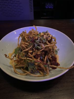 Sure I’m Frittered-Broccoli and corn fritter with a sweetcorn puree and fire roasted pepper relish  at Raglan Road in Lake Buena Vista