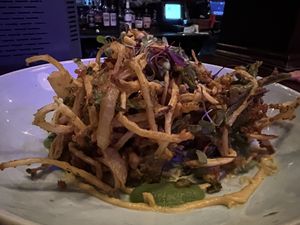 Sure I’m Frittered-Broccoli and corn fritter with a sweetcorn puree and fire roasted pepper relish  at Raglan Road in Lake Buena Vista